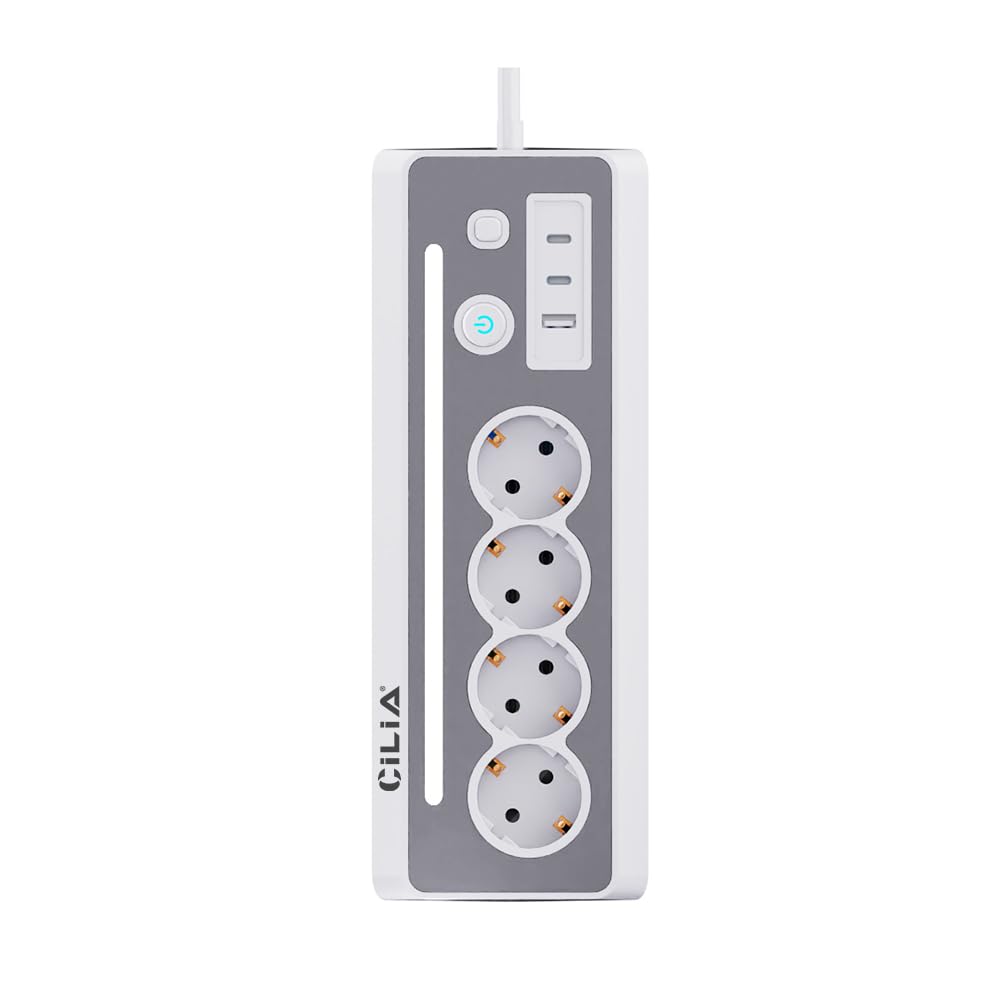 CILIA Ciabatta Elettrica Angolare 90° con 4 Prese Schuko,2 Type-C +1 USB, Protezione Sovratensioni, Luce LED, Interruttore On/Off, 3680W 16A, Cavo 1.5m, Interruttore On/Off, per Cucina Ufficio Casa