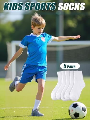 Image of Kids Socks, 5 Pairs Unisex Kids Youth Boys Girls Crew Combed Cotton Breathable Athletic Socks for Running Sport