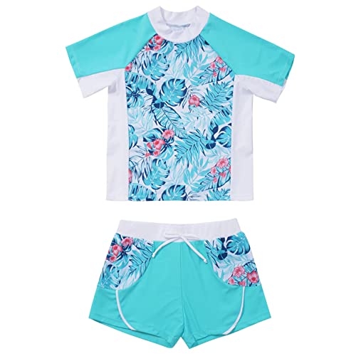 Kids Girls Floral 2 Pcs Rashguard Set Short Sleeve Shirts Top with Boyshorts Surf Swimsuit