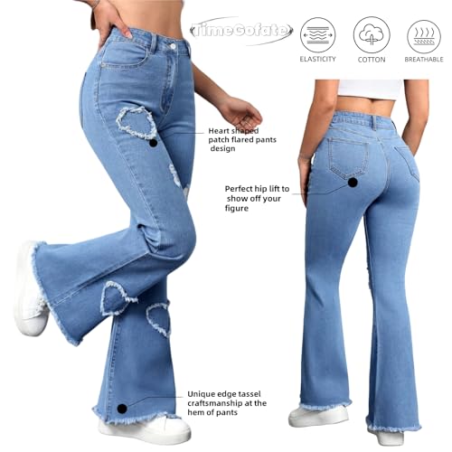 Women's High Waisted Flare Jeans, Light Blue Denim with Heart Distressing, Frayed Hem, Stretch Cotton Blend2