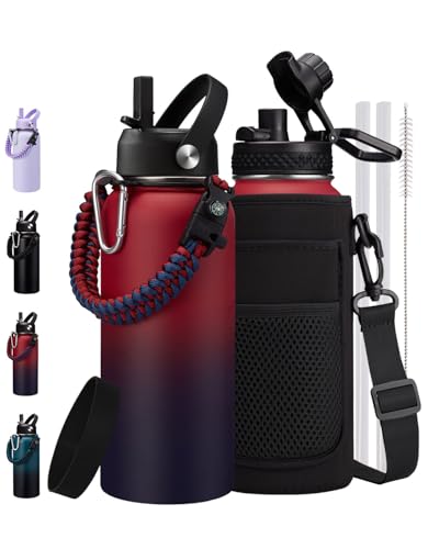 Image of 32 40 64 OZ Water Bottle - with Straw & Auto Spout Lids, Carrier Bag & Paracord Handle, Stainless Steel Insulated Water Bottles 32 OZ for Sport Work Travel, Cold-48Hrs Hot-24Hrs