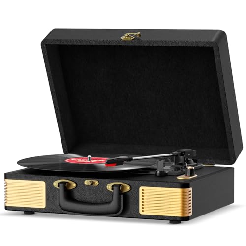 Record Player, FYDEE Vinyl Record Player Built-in 2 Speakers, Retro Vinyl Record Player with 3-Speed ​​(33/45/78 RPM) Bluetooth Turntable, Portable Suitcase Supports RCA and Headphone Jacks - Black
