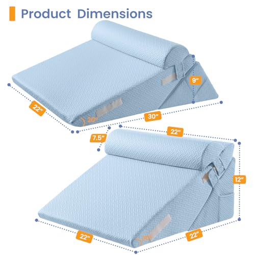 Sasttie Wedge Pillow Set for After Surgery, 3PCS Adjustable Bed Wedge Pillow Headboard with Memory Foam Neck Cushion – for Acid Reflux, Sleeping, Neck & Back Support, Blue