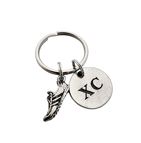 RUN XC Pewter Pendant Key Chain - Pewter Running Shoe Charm and Round Pewter XC Pendant on Round Stainless Steel Key Ring