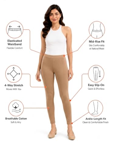 Image of Women's Cotton Lycra Ankle Length Leggings | Regular Rise, Soft 4 Way Stretch Fabric | Casual & Ethnic Wear