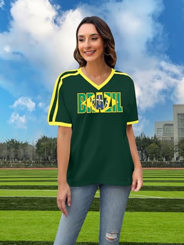 Brazil Shirt for Women Y2K Short Sleeve T Shirts Brazil Jersey Contrast Binding V Neck Regular Fit Tee Tops4