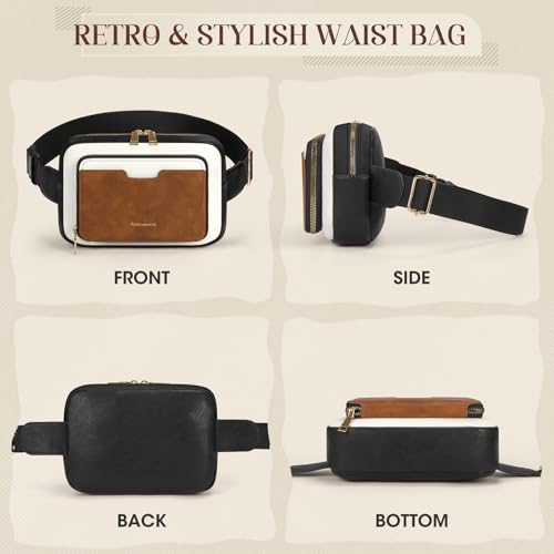 Image of RAINSMORE Fanny Packs for Women, Leather Belt Bag Waterproof Everywhere Crossbody Waist Pack with Adjustable Strap Retro Sling Chest Bag for Work Running Travel Party, Black and Brown with White