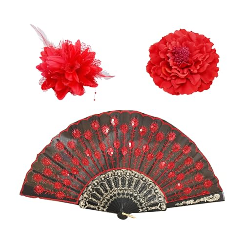 ARYIMYDP Ensemble de 3 accessoires: 2 épingles à cheveux pivoines rouges, 1 éventail, fleurs artificielles, accessoire cheveux, pince cheveux fleur, fleur...