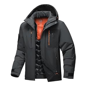 Men’s Thermal Waterproof Windproof Jacket Hooded Insulated, Lightweight Winter Snow Coat with Multiple Pockets