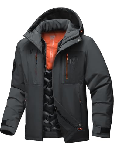 Jsslaik Mens Thermal Waterproof Windproof Jacket Hooded Insulated Lightweight Winter Snow Coat with Multiple Pockets for Hiking Skiing Camping Mineral Gray XL