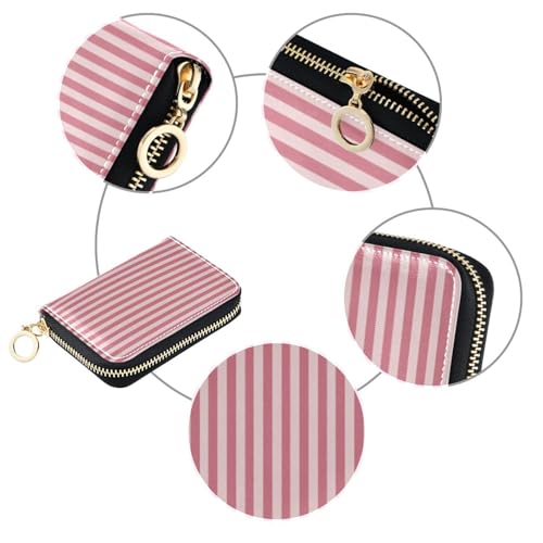 Women's Pink Stripe Credit Card Holder Wallet Leather Zipper Card Case for Ladies Girls 203009314