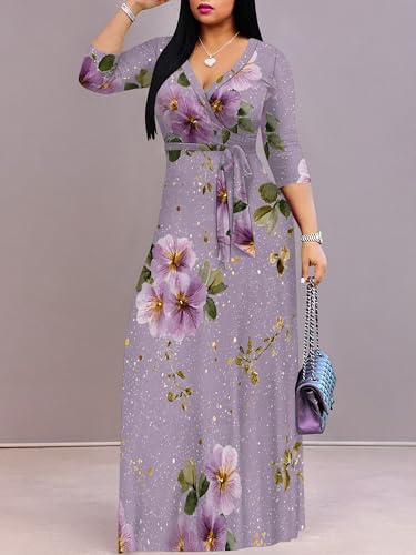 Image of SUZONANA Plus Size Dresses for Women Floral Print Maxi Dress Flowy 3 /4 Sleeve with Belt