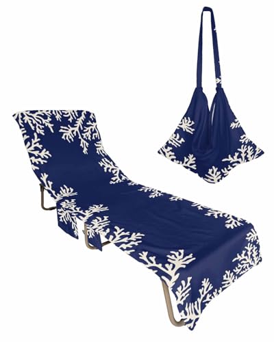 Sea Coral Beach Chair Towel Covers for Chaise Lounge with Side Pocket, Soft Plush Pool Towels Cover for Patio Sunbathing Outdoor 29''x85'' Nautical Exotic Creature Summer Beach Navy Blue