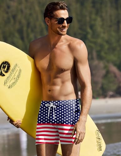 Ekouaer Mens Swim Trunks Sexy Swim Brief Square Leg Swimsuit Swimming Short Bathing Suit with Zip Pockets American Flag L — view 2