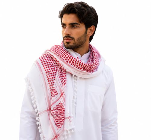 Men's Cotton Scarf Red and White Woven Pattern with Tassels-image-0