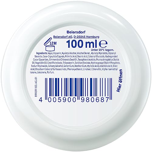 NIVEA Crema hidratante suave y refrescante (100 ml), crema ligera con vitamina E y aceite de jojoba 100% natural, crema para la piel de absorción rápida para una piel notablemente relajada