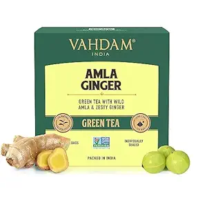 Amla Ginger Tea - 15 Green Tea Bags | Vitamin C Fortified Digestive Health Drink | High Nutrition Pratapgarh Amla Variety | Herbal Tea for Immunity