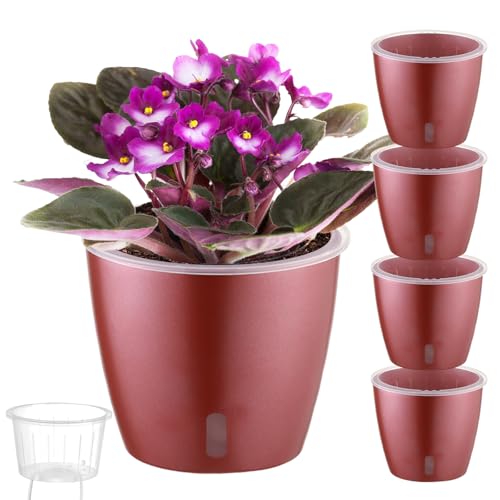 KvyusFlourish Self Watering Pots for Indoor Plants, 4-Pack 6.7'' Self Watering Planter with Drainage Holes, Small African Violet Pots with Water Indicator, Clear Wick Orchid Pot, Rose Gold