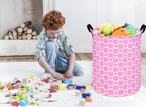 Image of 19.7 inch Round Kids Laundry Basket Gift Baskets Storage Laundry Hamper Toys Nursery Bin with Handles,Storage Basket for Childrens Room Bedroom Decor (Pink Heart)