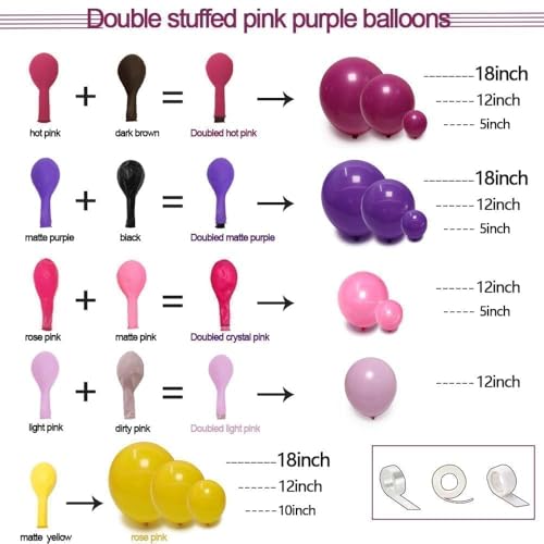Image of Pink Purple Balloon Arch Double Stuffed Hot Pink Yellow Balloons Different Size Latex Magenta Balloon Garland for Happy Birthday Baby Shower Spring Wildflower Wedding Mexican Party Decorations