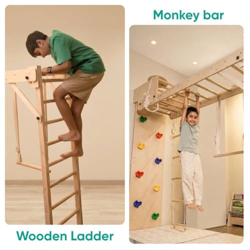 Image of Curious Cub Foldable Jungle Gym for Kids Indoor | Contain Rock Climbing for Kid At Home, Gymnastic Rings, Wooden & Wobble Ladder, Monkey & Trapeze Bar for Kids to Play Indoor Fun Activity for Ages 2+