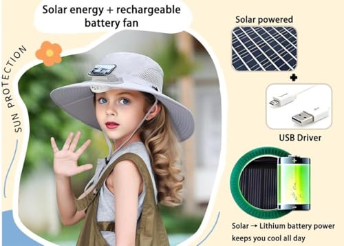 Kids Solar Fan Hat - Rechargeable Wide Brim Bucket Hat with Cooling Fans for Sun UV Protection, Outdoor, Beach, Fishing4