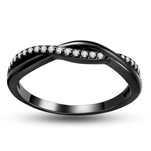Queena Twisted Half Black Eternity Band for Women by Ginger Lyne | 3mm Sterling Silver Anniversary Band Wedding Ring with Cubic Zirconia Fashion Bridal Jewelry Stackable