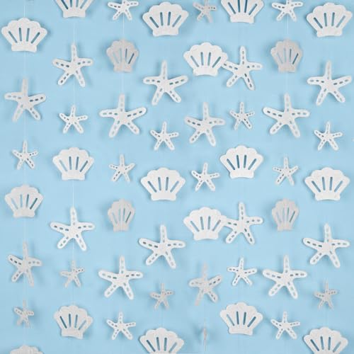 Image of 8 Pack Pearlescent Starfish & Shell Paper Hanging Decorations - Coastal Nautical Garland for Under the Sea, Beach Wedding, Mermaid Party, Birthday, Baby Shower, and Ocean-Themed Party Decor