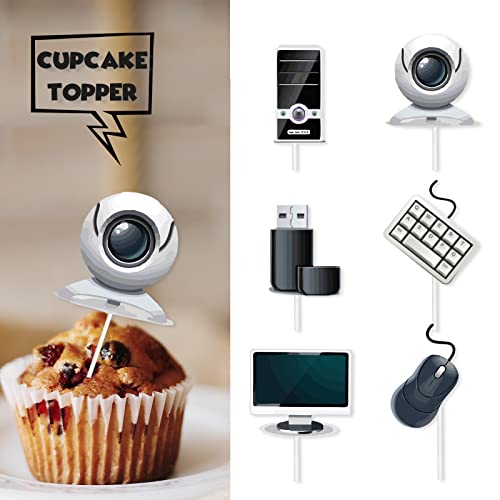 Black White Glitter Cupcake Topper Intelligence Computer Theme Decorations Boy Girl Happy Birthday Decor Supplies Set 18Pcs #TOP1