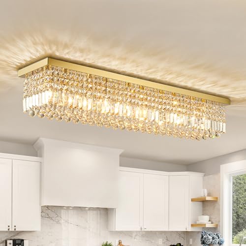 Siljoy 10-Light Modern Crystal Chandelier, Luxury Gold Rectangular Flush Mount Ceiling Light, Large Rectangle Raindrop Chandelier for Living Dining Room Kitchen Island Bar L47'' x W10'' x H10'' by Siljoy - Used condition - US$246.04