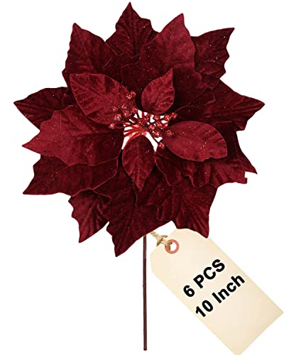 vensovo 10 Inch Red Christmas Poinsettia Flowers for Tree - 6PCS Deep Red Christmas Tree & Wreath Floral Decorations for Holiday DIY Gift Wrap & Home Decor