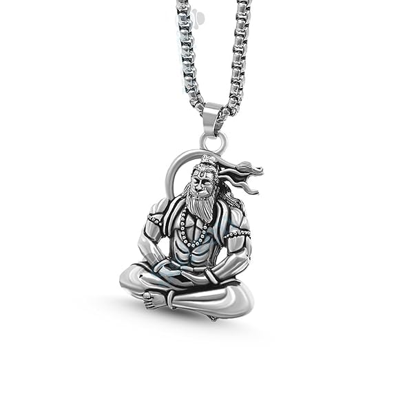 Oxidised Silver Lord Hanuman Meditating Pendant with 24-Inch Chain for Men & Boys | Bajrangbali Locket Necklace | Religious Spiritual Jewelry Gift-image-16