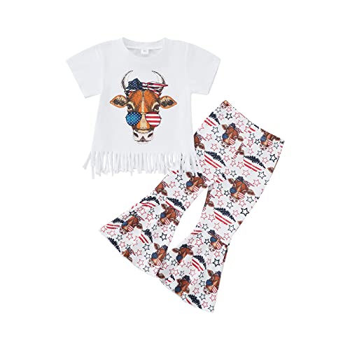 Toddler Kid Baby Girls 4th of July Outfits Short Sleeve Tassels T-Shirt Tops American Flag Print Flared Pants Summer Clothes (Cow Head Tassels,5-6 Years)