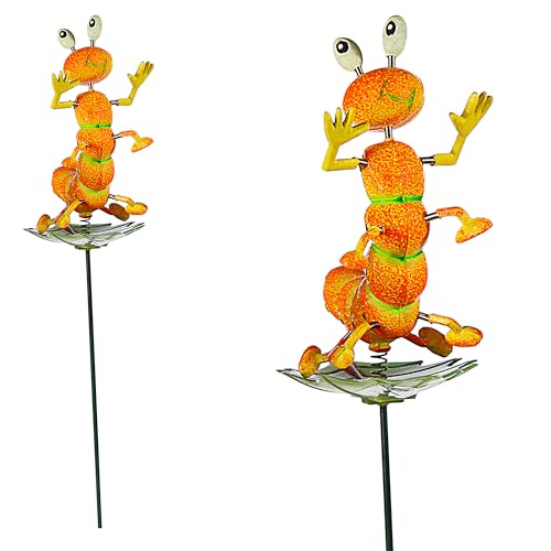 4er Set Blumenstecker Tiere auf Blatt | H60cm Eisen Polystyrol bunt | Biene Frosch Raupe Marienkäfer beweglich | Gartendeko (4)