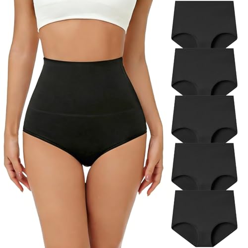 Image of Risipu 5PCS Womens Cotton Knickers Tummy Control Ultra High Waisted Knickers for Women Ladies Full Briefs Soft Panties for Women (UK, Alpha, XXL, Regular, Regular, Black)