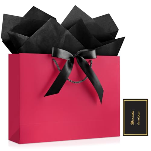 Image of JMANNI Mothers Day Gift Bags with Handles, 13 inch Medium Gift Bag for Presents, 1 Pcs Bags with 2 Tissue Paper and 1 Cards for Baby Shower Wedding Bridal Mother's Day Birthday Party (Raspberry-Pink)