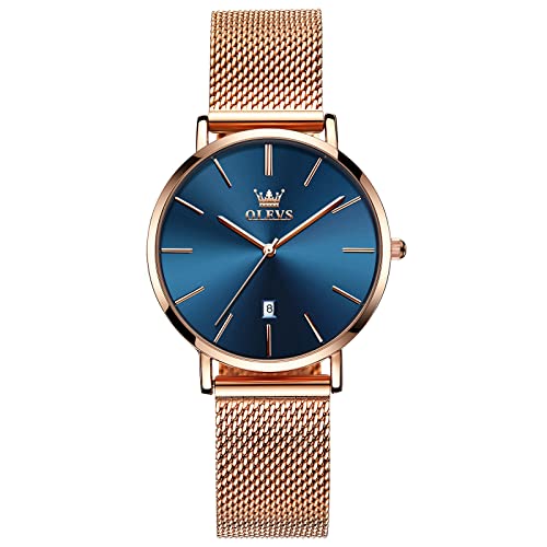 OLEVS Rose Gold Watch for Women Large Face Womens Watches for Small Wrists Blue Dial Stainless Steel Mesh Bracelet Women's Dress Watch with Date Fashion Casual Ladies Watch Waterproof Reloj De Mujer