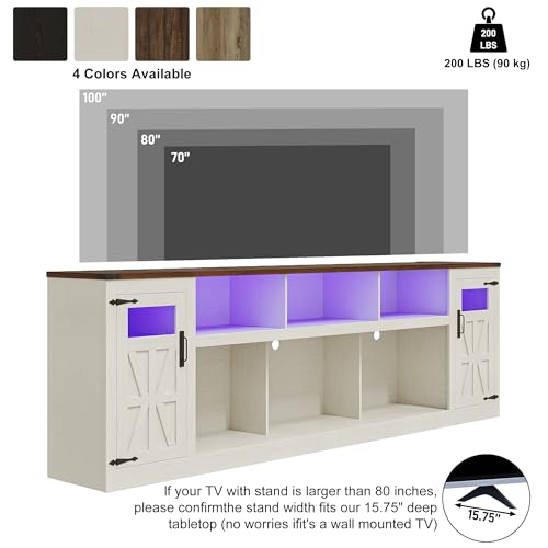 Image of chartustriable Farmhouse TV Stand for 100 Inch TV,95 inch Entertainment Center w /LED Light,Large Media Console Cabinet w /Rustic Barn Doors,Power Outlets,Adjustable Shelves for Living Room,White