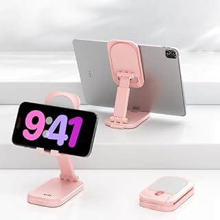 Składany Stojak na Telefon Komórkowy na Biurko, z Lusterkiem do Makijażu, Uchwytem na Telefon 2 w 1, Regulowaną Wysokością Kąta do iPhone 15 14 Pro Max 13 Mini 12 Xr 11, Smartfona 4-8'' (Różowy)