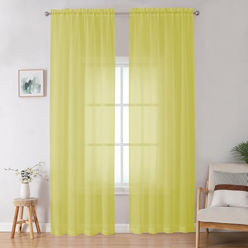 Image of OWENIE Lemon Sheer Curtains for Bedroom Living Room 96 Inches Long 2 Panels Set, Soft Solid Light Filtering Clear Sheer Ceiling to Floor for Large Window, 2Pcs, Each 42 inch W x 96 inch L, Lemon