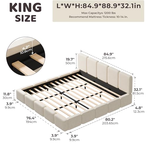 Image of RECCI Cloud King Upholstered Platform Bed Frame, Low Profile Grounded Design with Plush Headboard & Footboard, Wood Slat Support, Noise-Free, No Box Spring Required, Beige