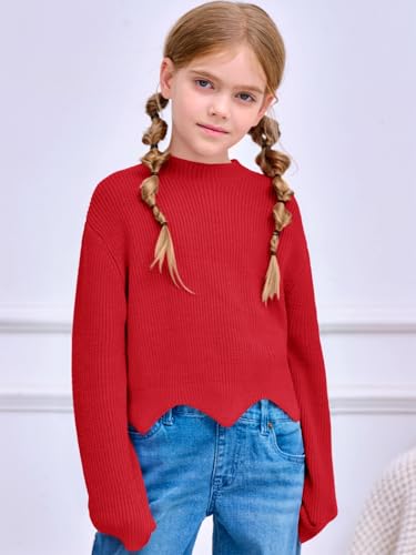 Image of Haloumoning Girls Mock Neck Sweaters Kids Fall Fashion Long Batwing Sleeve Rib Knit Pullover Clothes 5-14 Years