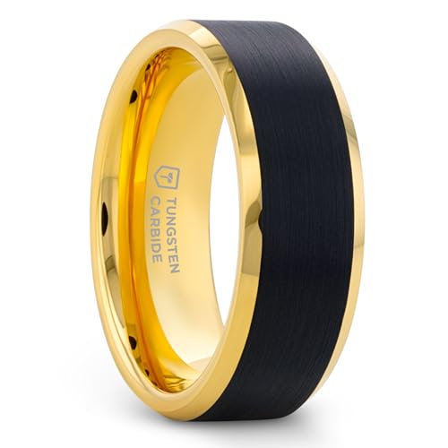 Thorsten Gaston Gold-Plated Tungsten Carbide Mens Wedding Ring – Flat Black Matte Brushed Inlay with Comfort Fit – Durable, Elegant Mens Wedding Band or Engagement Ring