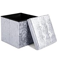 Home Republic Crushed Velvet Ottoman Storage Box – Foldable Cube Ottoman with Lid – Multipurpose Toy Chest, Foot Rest, Bench Seat & Nursery Storage Solution (Silver, 38W)