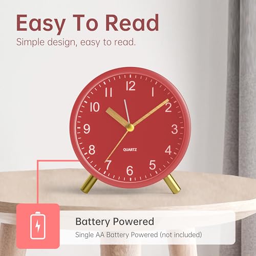 Image of JALL Analog Alarm Clock, 4 inch Super Silent Non Ticking Small Clock with Night Light, Battery Operated, Simple Design, Easy Setting for Office, Bedroom, Bedside, Desk, Teens, Elders, Adult, Red