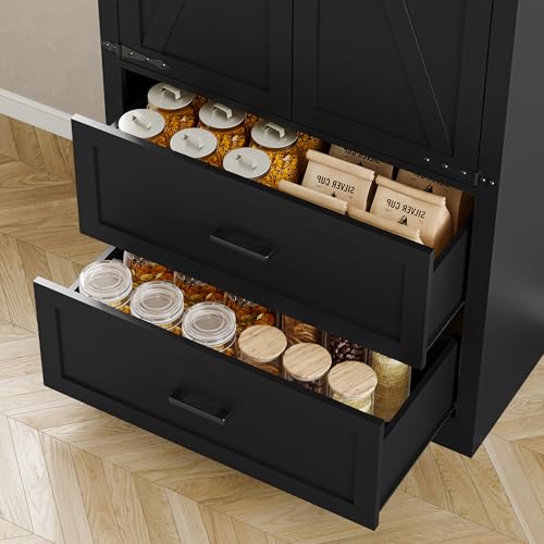 Image of BORNOON Pantry Organizers and Storage Cabinet, 71 inch Barn Door White Kitchen Cabinet with Drawers and Adjustable Shelf, Tall Pantry for Kitchen, Dining Room, Living Room. Bathroom and Office