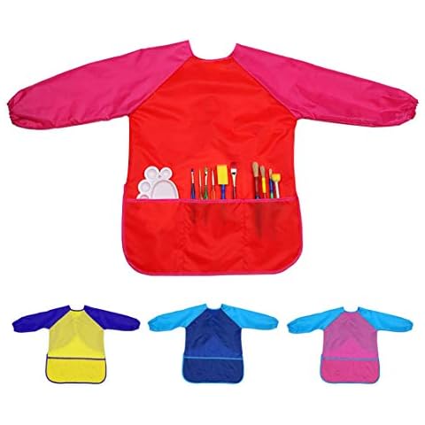 Xinyanmy 4 Pack Kids Art Smocks with 3 Pockets for Craft,Cooking and Lab Activity,Waterproof Long Sleeve Children Painting Aprons for Age 3-10 Years Cover