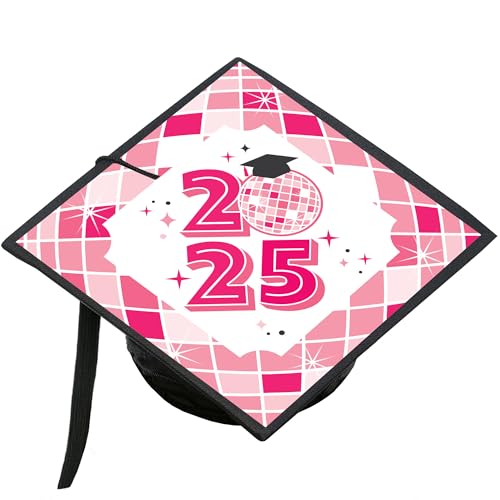 Big Dot of Happiness Pink Disco Ball - 2025 Graduation Cap Decorations Kit - Grad Cap Cover