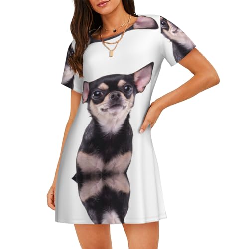 ALLiYa Jolie chemise de nuit à manches courtes pour femme Chihuahua d'été décontractée Essentials Robe de maison, Noir , 3XL