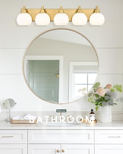 Image of Bathroom Light Fixtures, 5-Light Brushed Gold Bathroom Vanity Lights Over Mirror with Globe Milk White Glass Shade, 32 Inch Modern Vanity Lighting Fixtures, VL195-BG-ML-5